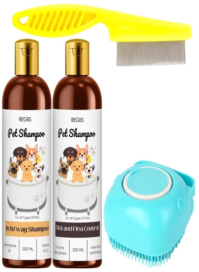 Regiis Pet Shampoo Set with Flea Control, Itch Away Formula, 200ml Bottles, Grooming Brush Kit, Yellow Flea Comb, Blue Massage Brush(Pack of 4) - Image 1